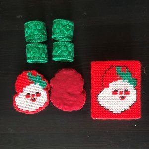Santa Needlepoint Coasters (6) w/Storage Box & Napkin Rings (4)